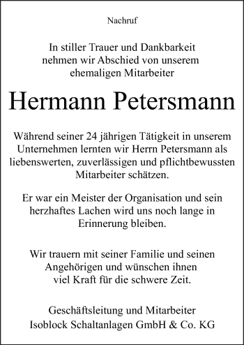 Traueranzeige von Hermann Petersmann von Neue Osnabrücker Zeitung GmbH & Co. KG