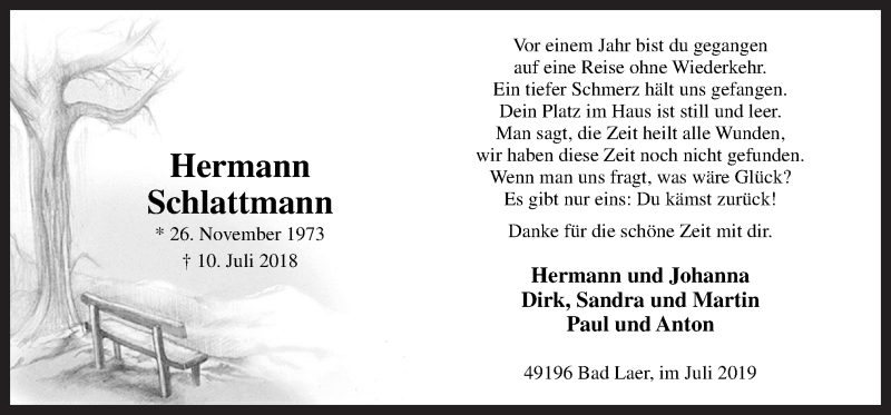  Traueranzeige für Hermann Schlattmann vom 13.07.2019 aus Neue Osnabrücker Zeitung GmbH & Co. KG