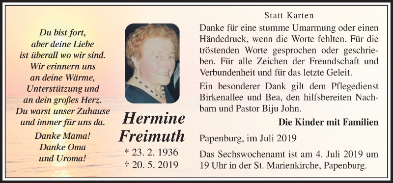  Traueranzeige für Hermine Freimuth vom 02.07.2019 aus Neue Osnabrücker Zeitung GmbH & Co. KG