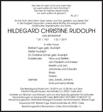 Traueranzeige von Hildegard Christine Rudolph von Neue Osnabrücker Zeitung GmbH & Co. KG