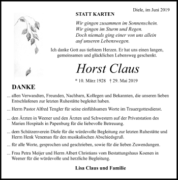 Traueranzeige von Horst Claus von Neue Osnabrücker Zeitung GmbH & Co. KG