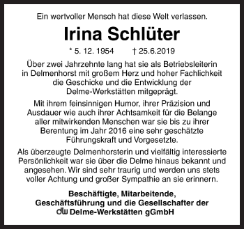 Traueranzeige von Irina Schlüter von Neue Osnabrücker Zeitung GmbH & Co. KG