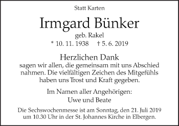 Traueranzeige von Irmgard Bünker von Neue Osnabrücker Zeitung GmbH & Co. KG