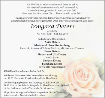 Traueranzeige von Irmgard Deters von Neue Osnabrücker Zeitung GmbH & Co. KG