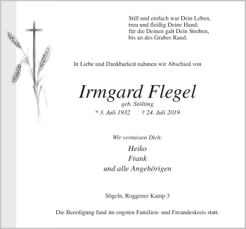 Traueranzeige von Irmgard Flegel von Neue Osnabrücker Zeitung GmbH & Co. KG