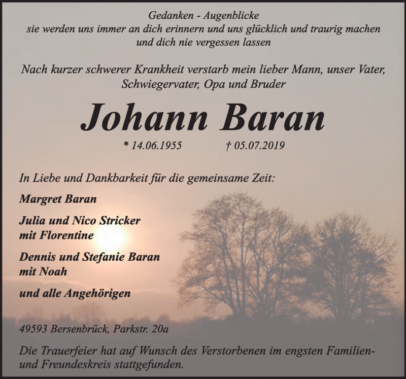  Traueranzeige für Johann Baran vom 22.07.2019 aus Neue Osnabrücker Zeitung GmbH & Co. KG