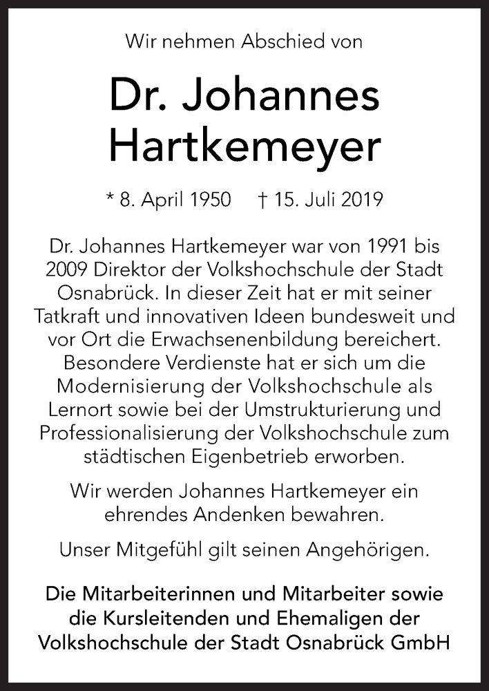  Traueranzeige für Johannes Hartkemeyer vom 20.07.2019 aus Neue Osnabrücker Zeitung GmbH & Co. KG