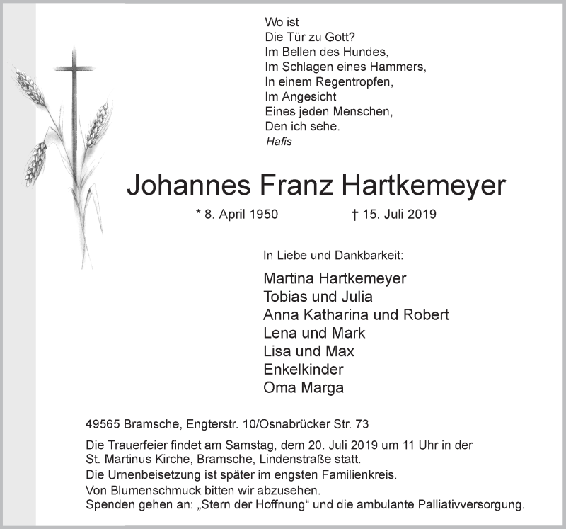  Traueranzeige für Johannes Franz Hartkemeyer vom 18.07.2019 aus Neue Osnabrücker Zeitung GmbH & Co. KG