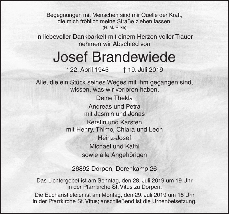  Traueranzeige für Josef Brandewiede vom 22.07.2019 aus Neue Osnabrücker Zeitung GmbH & Co. KG