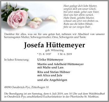 Traueranzeige von Josefa Hüttemeyer von Neue Osnabrücker Zeitung GmbH & Co. KG