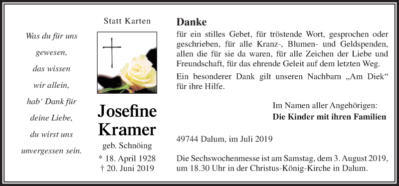  Traueranzeige für Josefine Kramer vom 31.07.2019 aus Neue Osnabrücker Zeitung GmbH & Co. KG