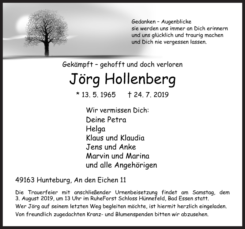  Traueranzeige für Jörg Hollenberg vom 27.07.2019 aus Neue Osnabrücker Zeitung GmbH & Co. KG