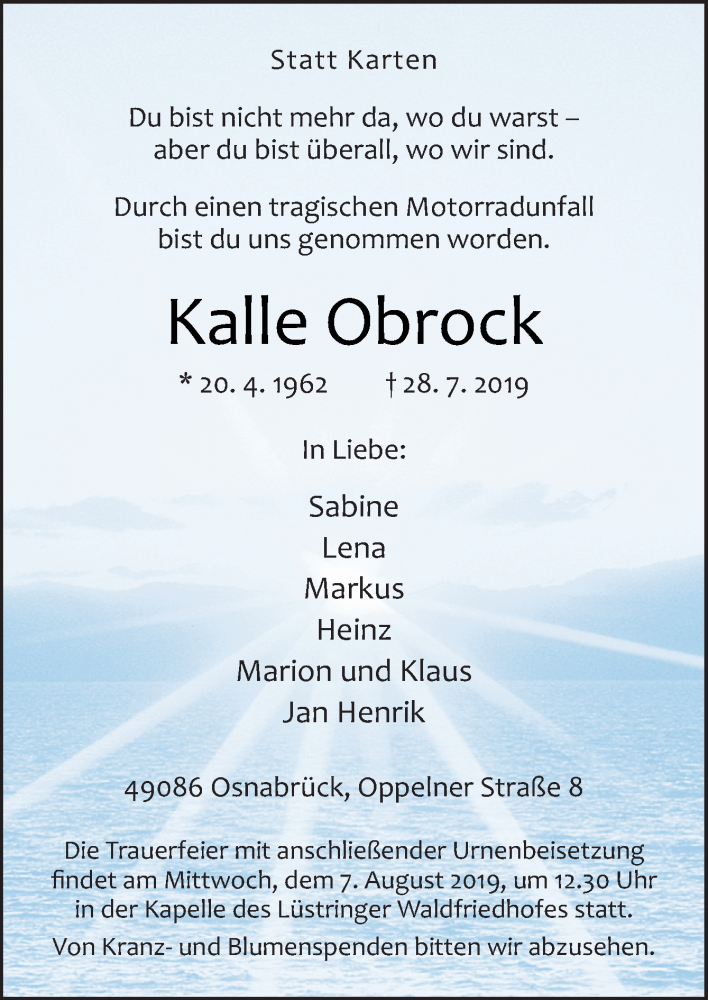  Traueranzeige für Kalle Obrock vom 31.07.2019 aus Neue Osnabrücker Zeitung GmbH & Co. KG