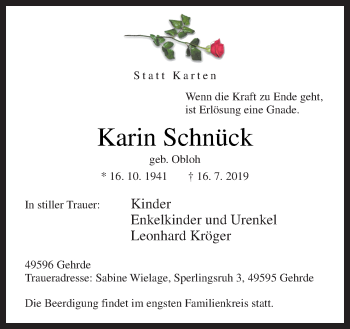 Traueranzeige von Karin Schnück von Neue Osnabrücker Zeitung GmbH & Co. KG