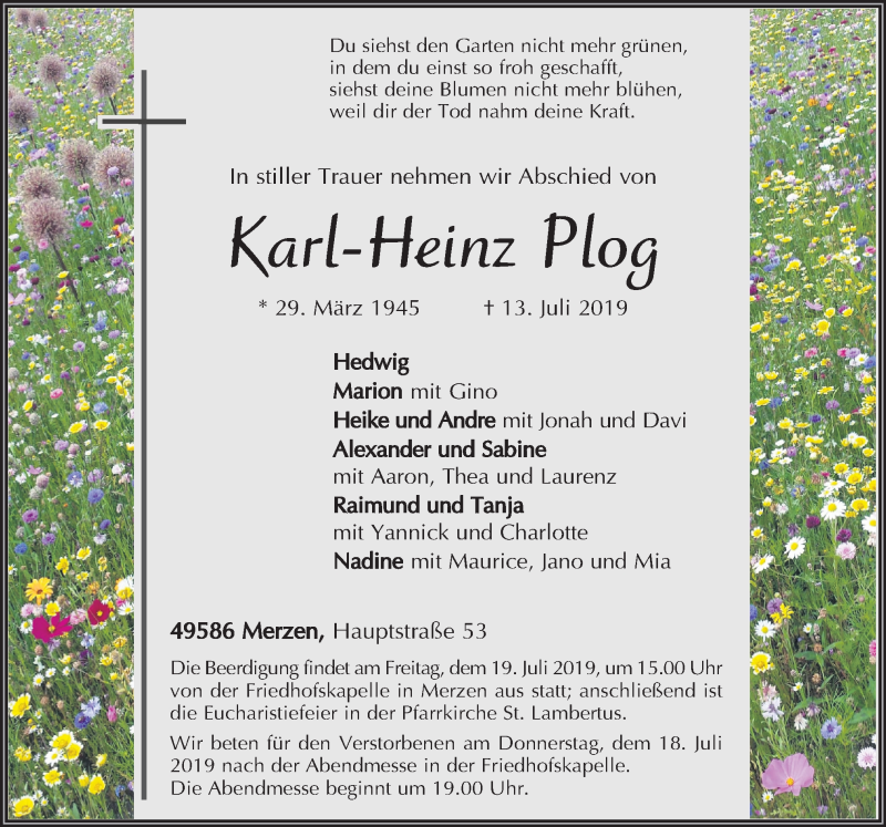  Traueranzeige für Karl-Heinz Plog vom 16.07.2019 aus Neue Osnabrücker Zeitung GmbH & Co. KG