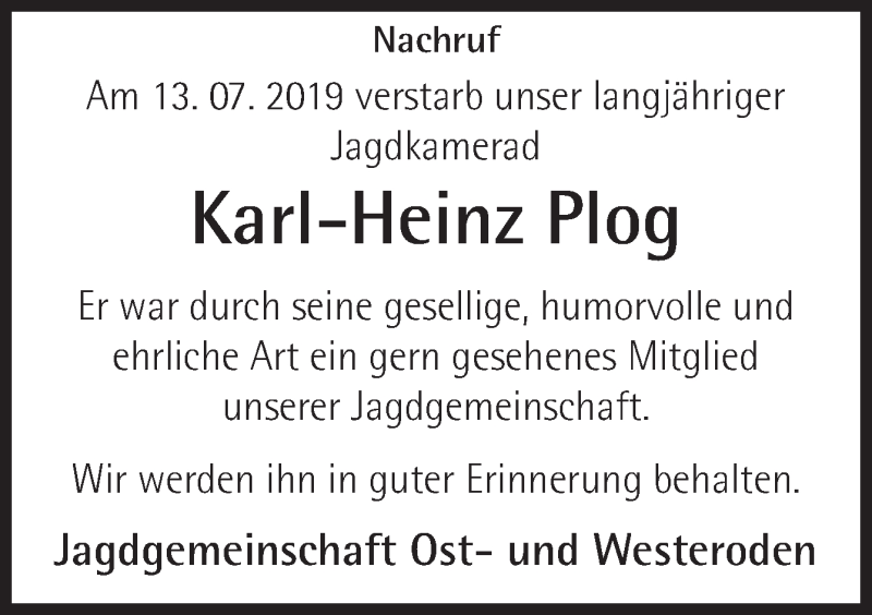  Traueranzeige für Karl-Heinz Plog vom 17.07.2019 aus Neue Osnabrücker Zeitung GmbH & Co. KG
