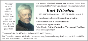 Traueranzeige von Karl Witschen von Neue Osnabrücker Zeitung GmbH & Co. KG