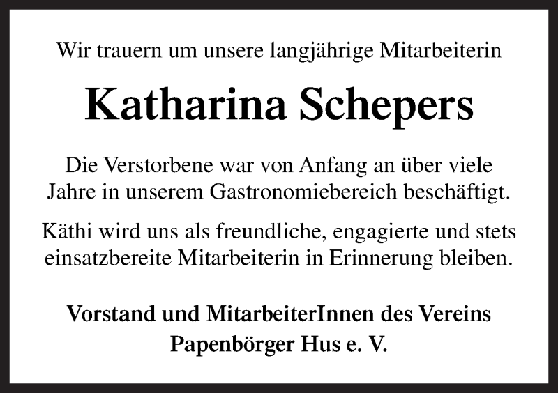  Traueranzeige für Katharina Schepers vom 17.07.2019 aus Neue Osnabrücker Zeitung GmbH & Co. KG