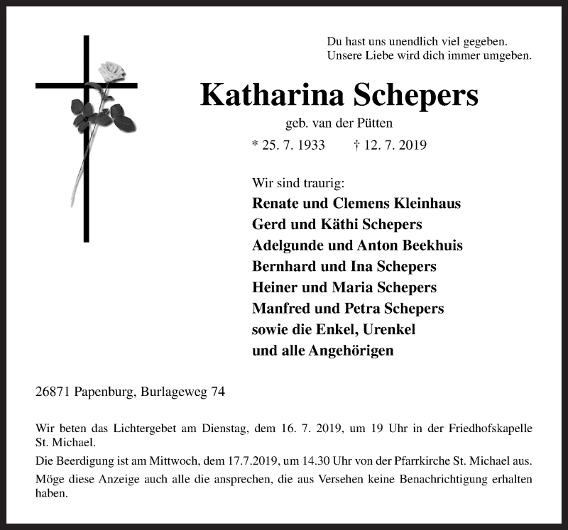  Traueranzeige für Katharina Schepers vom 15.07.2019 aus Neue Osnabrücker Zeitung GmbH & Co. KG