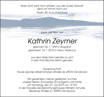 Traueranzeige von Kathrin Zeymer von Neue Osnabrücker Zeitung GmbH & Co. KG