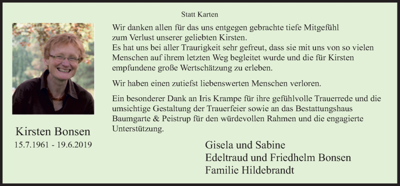  Traueranzeige für Kirsten Bonsen vom 12.07.2019 aus Neue Osnabrücker Zeitung GmbH & Co. KG