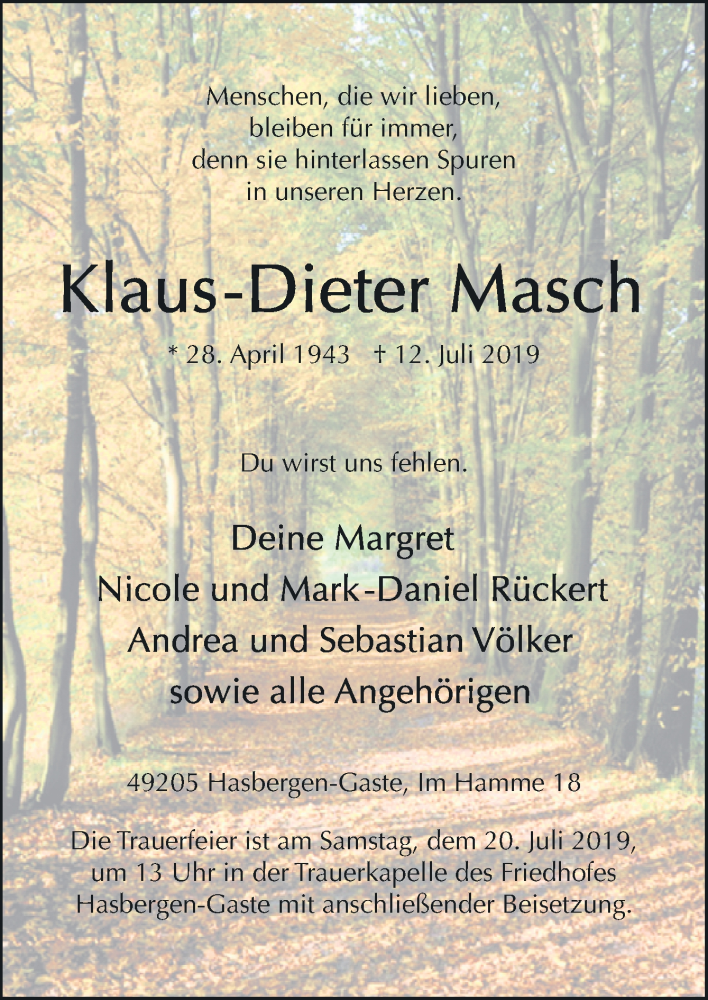  Traueranzeige für Klaus-Dieter Masch vom 16.07.2019 aus Neue Osnabrücker Zeitung GmbH & Co. KG