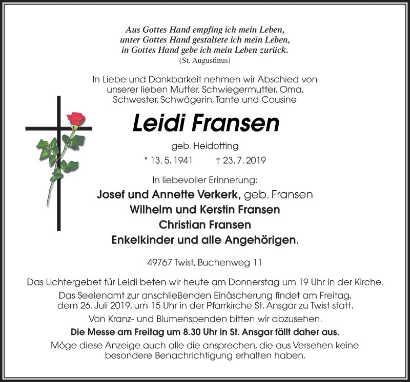  Traueranzeige für Leidi Fransen vom 25.07.2019 aus Neue Osnabrücker Zeitung GmbH & Co. KG