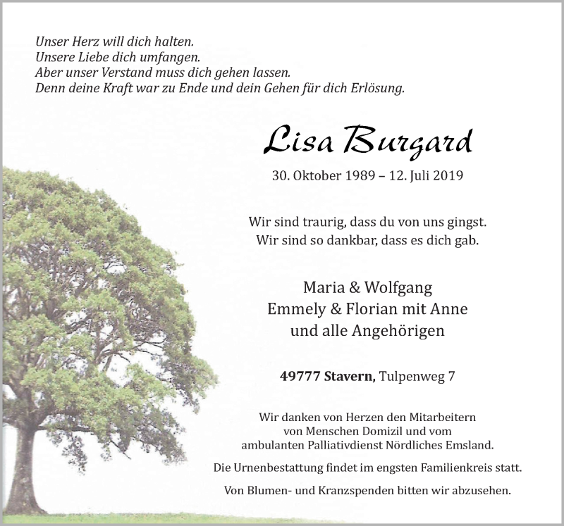  Traueranzeige für Lisa Burgard vom 17.07.2019 aus Neue Osnabrücker Zeitung GmbH & Co. KG