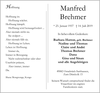 Traueranzeige von Manfred Brehmer von Neue Osnabrücker Zeitung GmbH & Co. KG