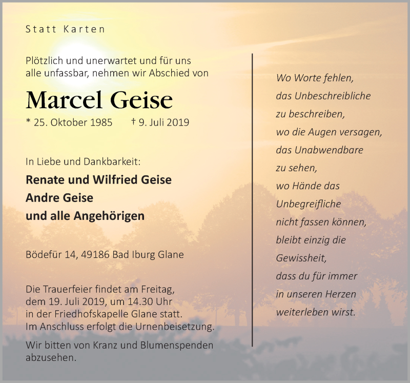  Traueranzeige für Marcel Geise vom 16.07.2019 aus Neue Osnabrücker Zeitung GmbH & Co. KG