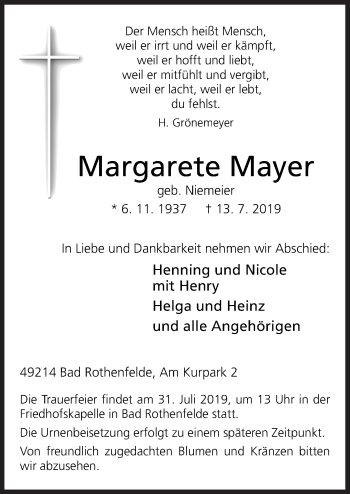 Traueranzeige von Margarete Mayer von Neue Osnabrücker Zeitung GmbH & Co. KG