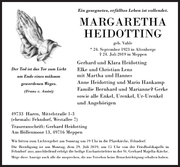 Traueranzeige von Margaretha Heidotting von Neue Osnabrücker Zeitung GmbH & Co. KG