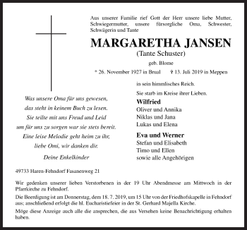 Traueranzeige von Margaretha Jansen von Neue Osnabrücker Zeitung GmbH & Co. KG