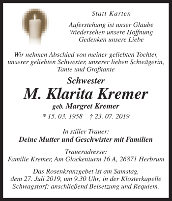 Traueranzeige von Margret Kremer von Neue Osnabrücker Zeitung GmbH & Co. KG