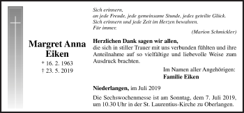 Traueranzeige von Margret Anna Eiken von Neue Osnabrücker Zeitung GmbH & Co. KG