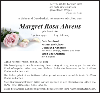 Traueranzeige von Margret Rosa Ahrens von Neue Osnabrücker Zeitung GmbH & Co. KG