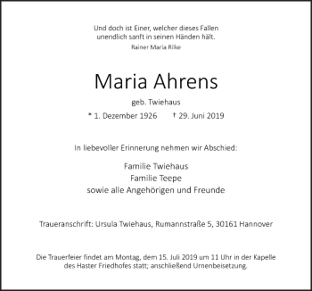 Traueranzeige von Maria Ahrens von Neue Osnabrücker Zeitung GmbH & Co. KG