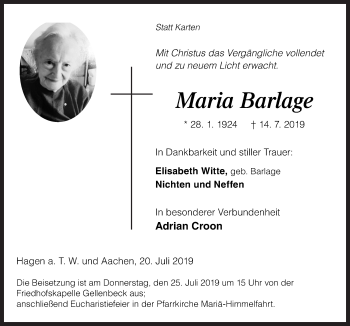 Traueranzeige von Maria Barlage von Neue Osnabrücker Zeitung GmbH & Co. KG