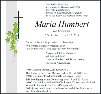 Traueranzeige von Maria Humbert von Neue Osnabrücker Zeitung GmbH & Co. KG