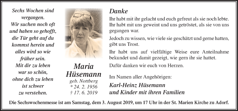  Traueranzeige für Maria Hüsemann vom 31.07.2019 aus Neue Osnabrücker Zeitung GmbH & Co. KG