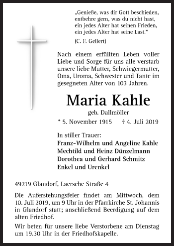 Traueranzeige von Maria Kahle von Neue Osnabrücker Zeitung GmbH & Co. KG