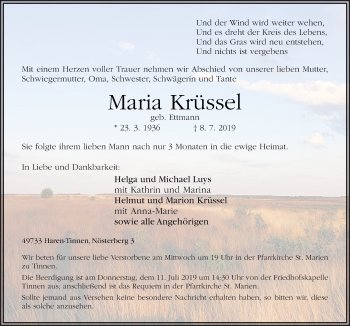 Traueranzeige von Maria Krüssel von Neue Osnabrücker Zeitung GmbH & Co. KG