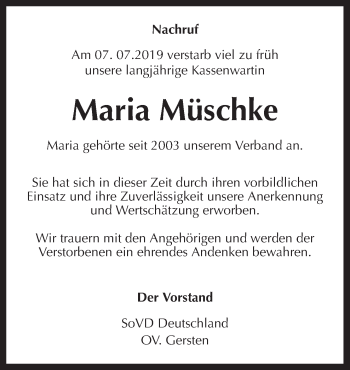 Traueranzeige von Maria Müschke von Neue Osnabrücker Zeitung GmbH & Co. KG
