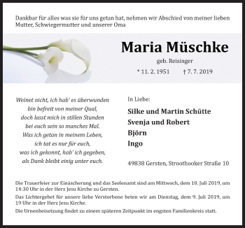 Traueranzeige von Maria Müschke von Neue Osnabrücker Zeitung GmbH & Co. KG