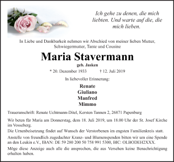 Traueranzeige von Maria Stavermann von Neue Osnabrücker Zeitung GmbH & Co. KG