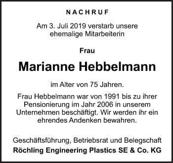 Traueranzeige von Marianne Hebbelmann von Neue Osnabrücker Zeitung GmbH & Co. KG