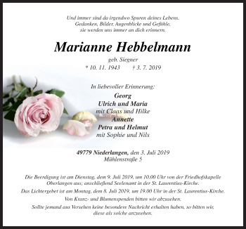 Traueranzeige von Marianne Hebbelmann von Neue Osnabrücker Zeitung GmbH & Co. KG