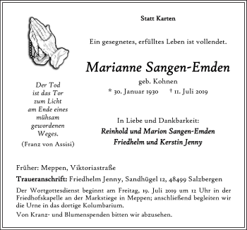 Traueranzeige von Marianne Sangen-Emden von Neue Osnabrücker Zeitung GmbH & Co. KG
