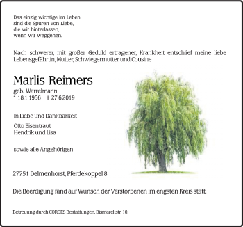 Traueranzeige von Marlis Reimers von Neue Osnabrücker Zeitung GmbH & Co. KG