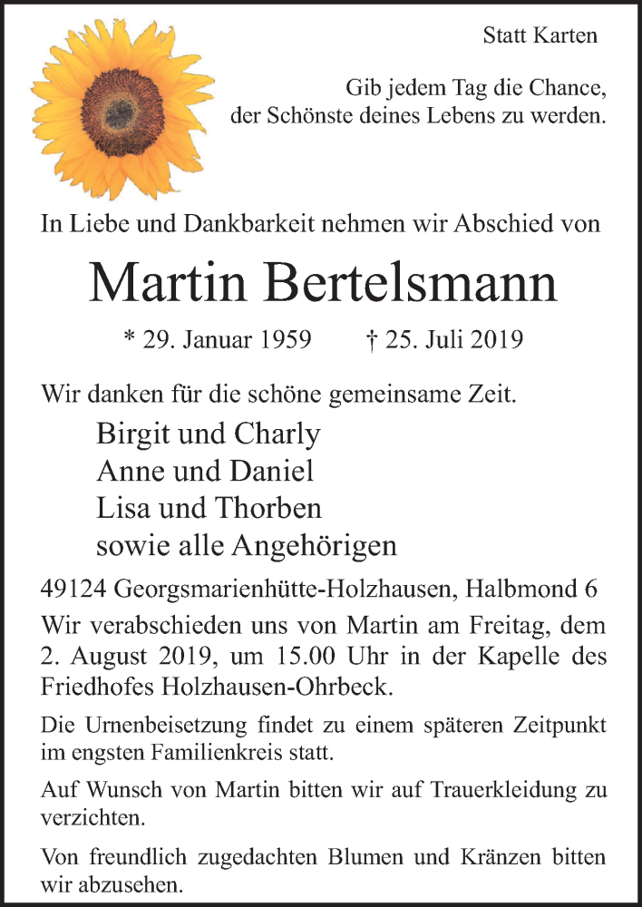  Traueranzeige für Martin Bertelsmann vom 29.07.2019 aus Neue Osnabrücker Zeitung GmbH & Co. KG